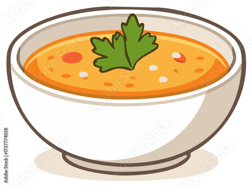 Warm bowl of creamy soup with herbs and vegetables in a cartoon style