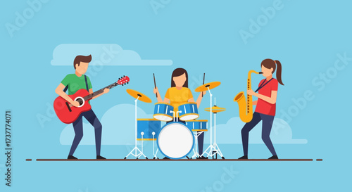 Musical Band Performing Together with Guitar, Drums, and Saxophone.