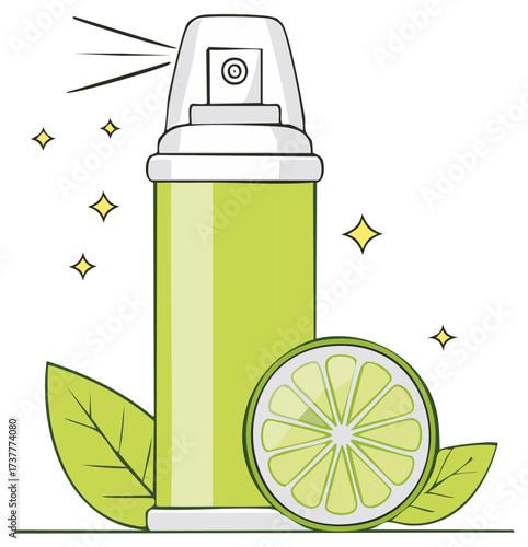 Fresh citrus air freshener spray with lime fruit and sparkling clean illustration