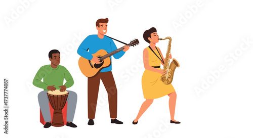 Musicians playing guitar saxophone and djembe drum.