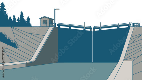 Illustration of a canal lock with a small building and trees on the side of the structure