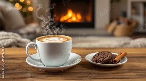 Steaming latte with cookies and cinnamon in cozy background.