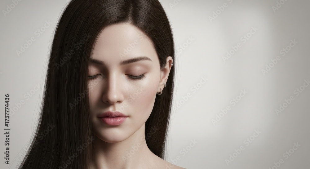 Fototapeta premium Portrait of woman with eyes closed, long dark hair, soft lighting