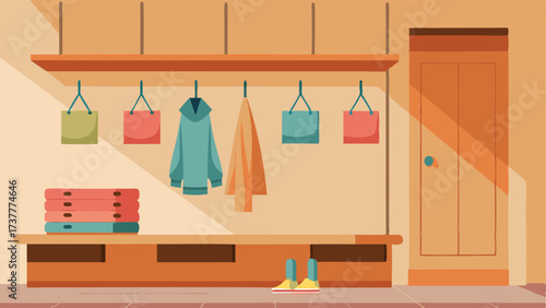 A mudroom with builtin wooden benches and hooks for hanging coats and bags.