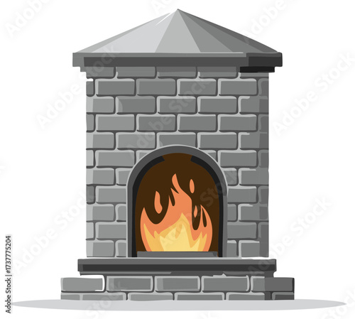 Vector Illustration of a Stone Fireplace with Burning Flames Decorative Hearth with Brickwork and Warm Fire Glowing Inside