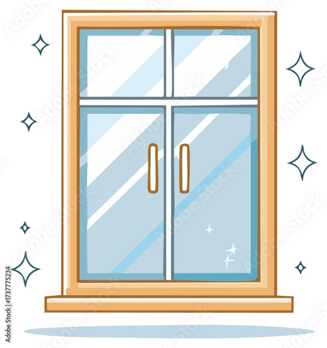 Modern clean double pane window with wooden frame and sparkling reflections