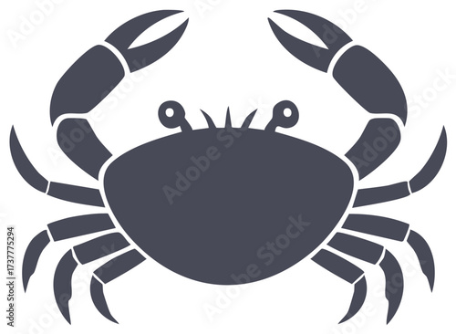 Stylized dark gray crab silhouette with claws raised facing forward isolated on a white background