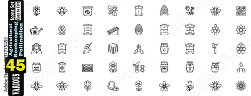 Agricultural Beekeeping and Pollination Icons Set.  These Vector Line Art Collection, honeycomb, flower, hive, apiary, beekeeper, honey, pollination, agriculture, farm, nature, insect, illustration.