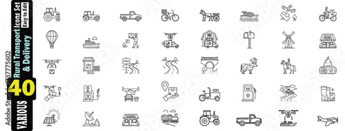 Rural Transport and Delivery Icons set. 40 Black and White Line Art Style tractor, truck, pickup truck, bicycle, horse cart, ship, boat, delivery person, drone, van, mailbox, vector illustration.