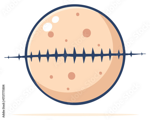 Vector illustration of a circular pale orange planet or moon with a dark blue jagged line, representing global communication or health pulse.