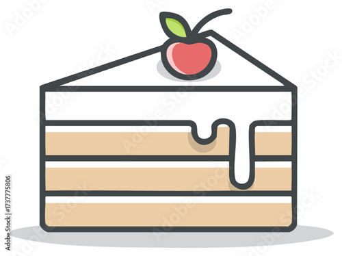 Piece of Delicious Layered Cake Topped with Cherry Illustration Icon