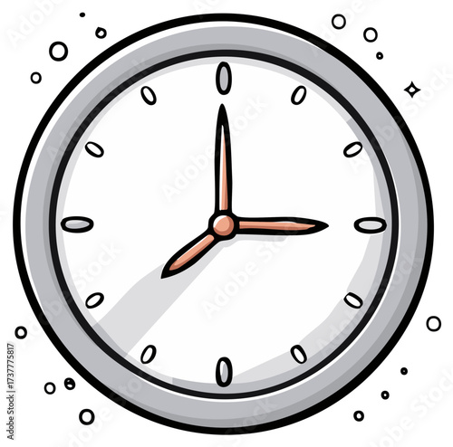 Cartoon analog clock showing three o'clock with simple decorative sparkles and circles.