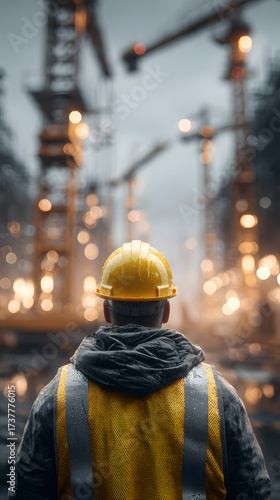 Building Vision: A construction worker with a yellow hard hat stands facing a bustling construction site, gazing at the towering cranes and the ambitious project.