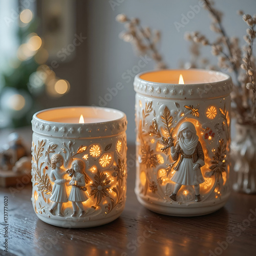 Ceramic Christmas candle holders glowing softly, radiating warm ambient light.