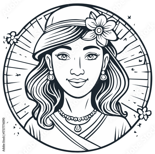 Beautiful woman with flower in hair wearing hat, pearls, and a decorative frame