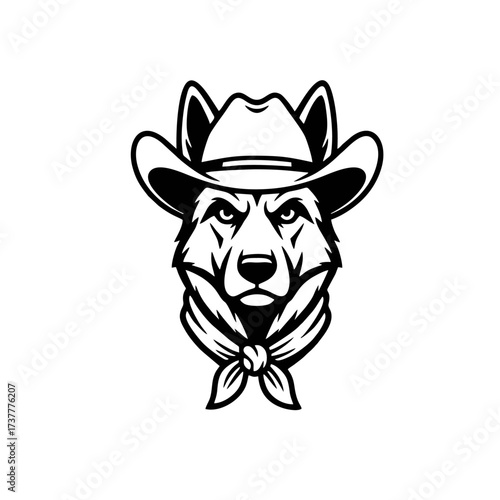 Stern-looking Shepherd Dog Cowboy Logo, Bold Thick Outline