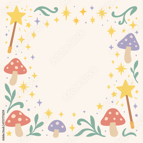 Fairy tale frame with stars wands and mushrooms
