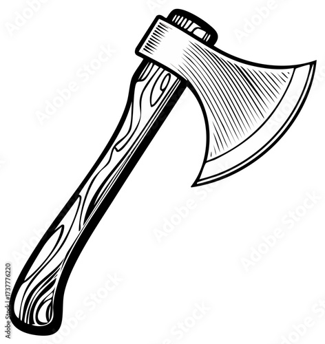 Engraved style monochrome illustration of an axe with wooden handle and sharp blade