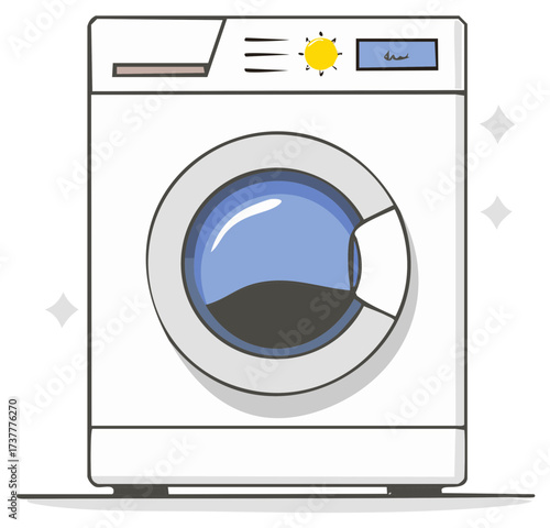 Washing machine illustration with blue water and shining stars laundry appliance