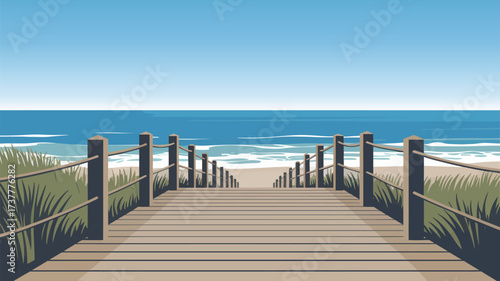 A wooden boardwalk leads to the beach with ocean view and clear blue sky on a bright sunny day scene