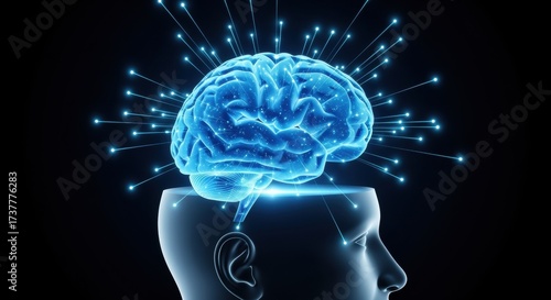 A glowing blue brain with electrical sparks, representing the power and complexity of the human mind, displayed inside a transparent head silhouette against a dark background.