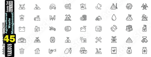 Agricultural Waste Management Icons Set. Editable Stocks. These vector pictograms of a proud, soil, tractor, watering can, trash can, rake, water drop, broom, biohazard, recycling bin, illustration. 