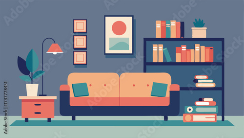 A living room with a large modular sofa a minimalist coffee table and a bookshelf filled with only a handful of carefully curated items.