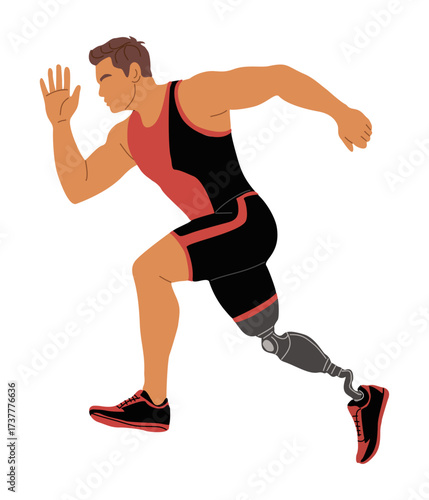 Vector illustration of an athlete with a prosthetic leg sprinting in sportswear. Dynamic running pose, strength, determination, and adaptive sports concept on transparent background