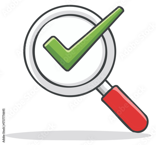 Magnifying glass with green checkmark, validation or successful search icon, cartoon illustration