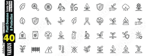 Plant Disease and Protection Icons Set. 40 Editable Stocks. Line Art leaf seedling, sprout, growth, soil, pot, watering can, spray bottle, syringe, insect, mosquito, shield, vector illustration. 