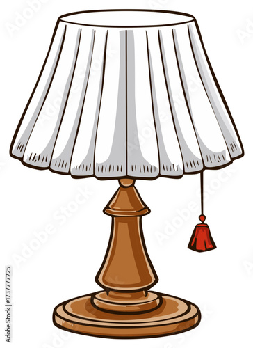 Cartoon illustration of vintage table lamp with white lampshade and red tassel for interior design elements