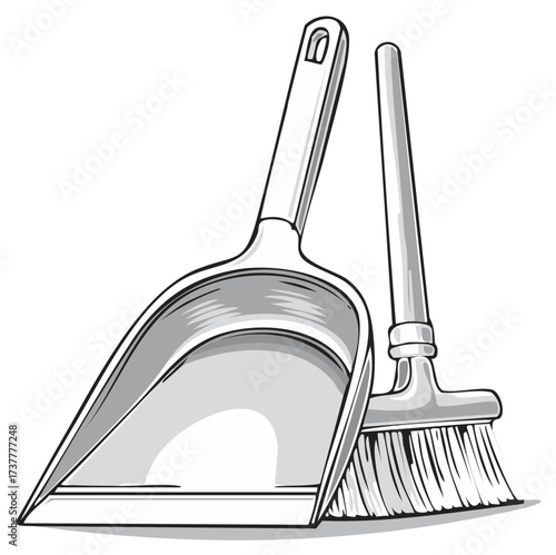 Simple illustration of a dustpan and brush, essential tools for household cleaning and tidiness