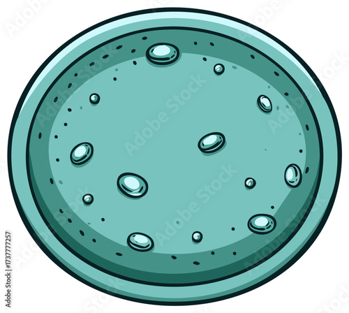 Illustration of a teal planet with craters and bubbles in a minimalist design