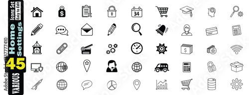 Home and Settings Icons Sets. 45 editable stocks. Black and White Line Art Style, house, gear, cogwheel, pencil, chat bubble, envelope, magnifying glass, calendar, shopping cart, vectors illustration.