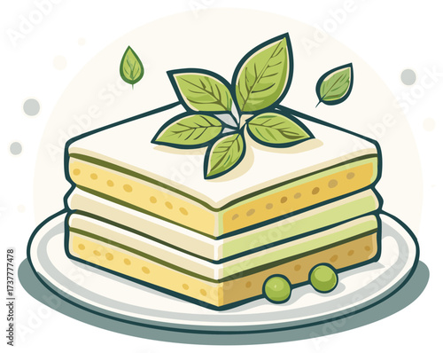 Delicious layered square dessert cake with fresh green leaves and decorations on plate