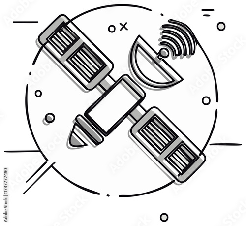 Line art illustration of a communication satellite in orbit transmitting a signal