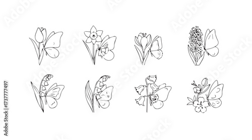Vector art of flower set with butterfly