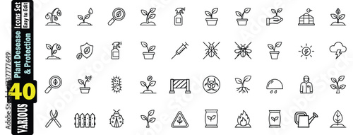 Plant Disease and Protection Icons Set. Editable Stocks. These Vector pictograms of a plant, seedling, leaf, sprout, growth, soil, pot, watering  spray bottle, Black 
and White Line Art illustration, 