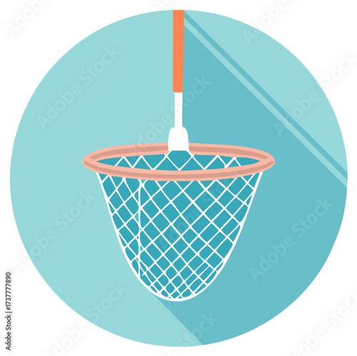 Cartoon Fish Net Icon Graphic, Summer Activity, River or Sea Catching Equipment, Circle Flat Design