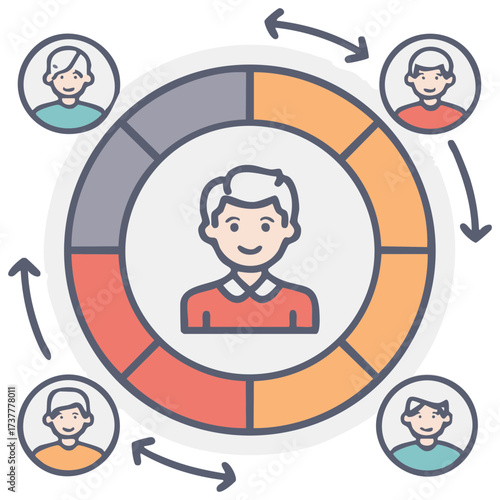Business or Marketing Concept, People in Circle with Arrows, Teamwork or Process