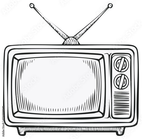 Sketch illustration of retro analog television with antennae and knobs, monochrome old-fashioned television
