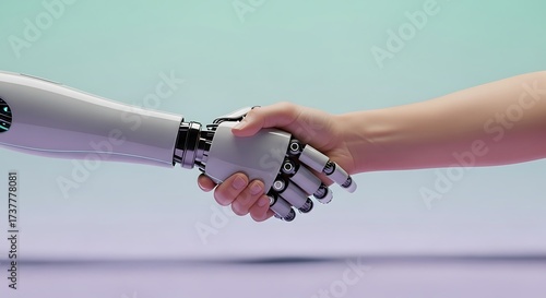 A human hand shaking hands with a robot hand against a light background in a studio setting scene