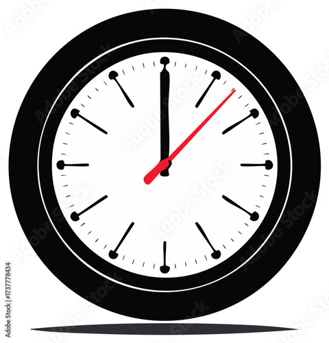Clock with Black Frame Showing Midnight Hour with Red Second Hand