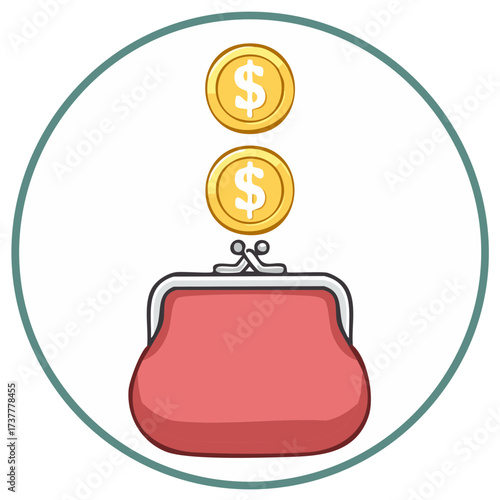 Cartoon coins falling into a pink coin purse inside a green circle