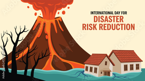 Volcano eruption and flood disaster illustration with submerged houses and barren trees for International Day for Disaster Risk Reduction