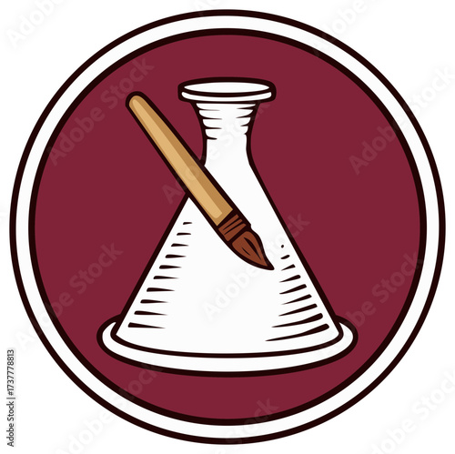 Illustration of a conical flask and paintbrush inside a maroon circle