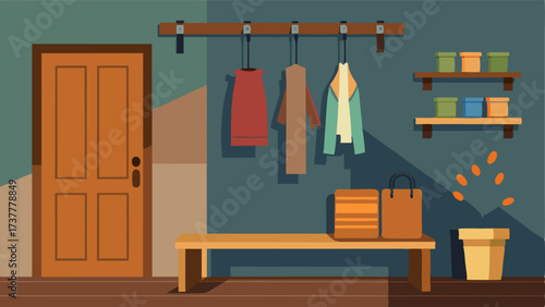 A mudroom with a wooden bench metal hooks for hanging coats and baskets for storage.
