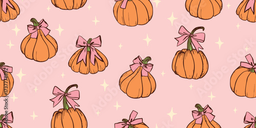 Cute seamless pattern with pumpkins and bows in hand drawn style for autumn decor, wrapping paper, textile and holiday design