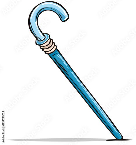 Blue cartoon walking cane with a classic curved handle vector illustration