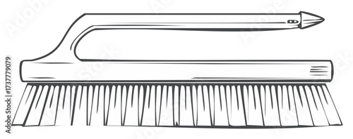 Monochrome illustration of a scrub brush with a handle and bristles, cleaning tool.